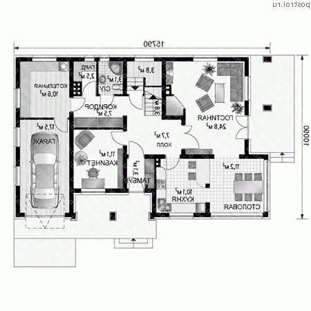 A-349-1K проект одноэтажного коттеджа из кирпича с мансардой и гаражом размером 10 на 16  - 1-й этаж