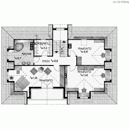 A-349-1K проект одноэтажного коттеджа из кирпича с мансардой и гаражом размером 10 на 16  - мансарда