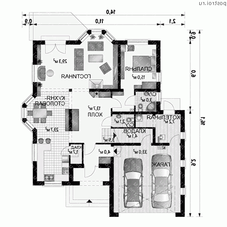 A-364-1P проект одноэтажного коттеджа из пеноблоков с мансардой и гаражом размером 16 на 14 - 1-й этаж A-364-1P проект одноэтажного коттеджа из пеноблоков с мансардой и гаражом размером 16 на 14 - 1-й этаж
