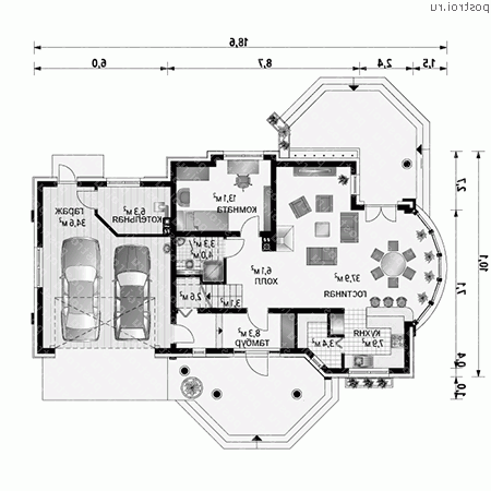 A-365-1P проект одноэтажного коттеджа из пеноблоков с мансардой и гаражом размером 11 на 19  - 1-й этаж