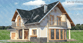 A-365-1P проект одноэтажного коттеджа из пеноблоков с мансардой и гаражом размером 11 на 19  - вид спереди