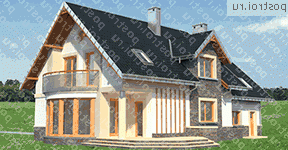 A-365-1P проект одноэтажного коттеджа из пеноблоков с мансардой и гаражом размером 11 на 19  - вид слева