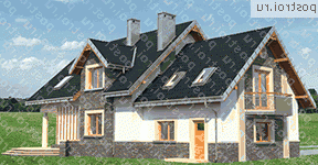 A-365-1P проект одноэтажного коттеджа из пеноблоков с мансардой и гаражом размером 11 на 19  - вид сзади