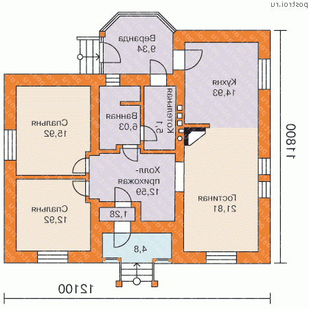 B-090-1P проект одноэтажного коттеджа из пеноблока размером 12 на 12  - 1-й этаж