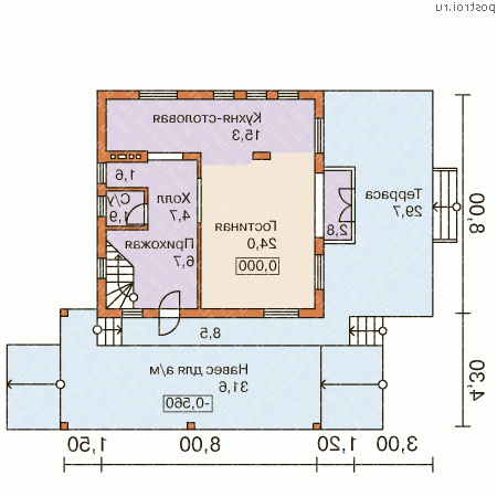 C-120-1P проект одноэтажного коттеджа из газобетона с мансардой и гаражом размером 8 на 8  - 1-й этаж