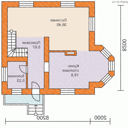 C-129-1P проект одноэтажного коттеджа из газобетона с мансардой размером 8 на 10  - 1-й этаж