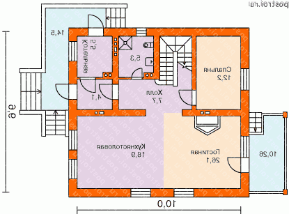 C-170-1P проект двухэтажного дома из пеноблоков размером 10 на 10  - 1-й этаж