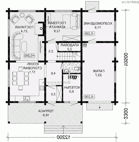 C-177-1D проект одноэтажного деревянного дома из бруса с мансардой и гаражом размером 13 на 12 - 1-й этаж C-177-1D проект одноэтажного деревянного дома из бруса с мансардой и гаражом размером 13 на 12 - 1-й этаж