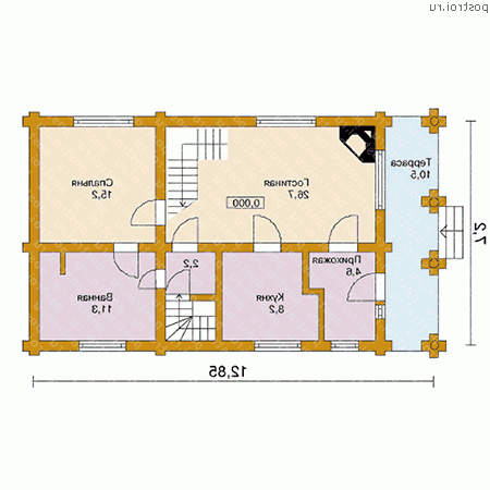 D-122-1D проект одноэтажного деревянного коттеджа из бревна с мансардой размером 7 на 11  - 1-й этаж