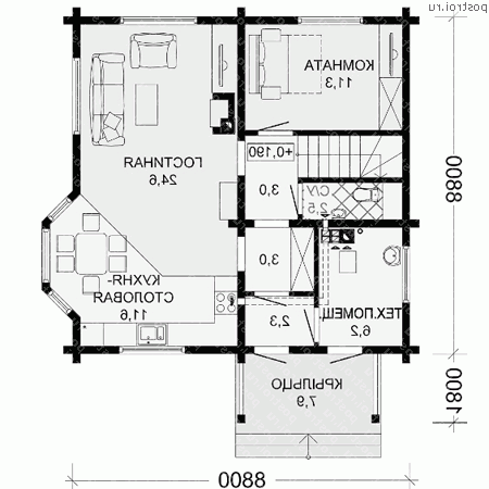 D-126-2D проект одноэтажного деревянного коттеджа из бруса с мансардой размером 9 на 9  - 1-й этаж