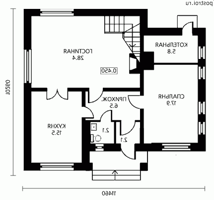 D-152-3P проект одноэтажного коттеджа из пеноблоков с мансардой размером 10 на 11 - 1-й этаж D-152-3P проект одноэтажного коттеджа из пеноблоков с мансардой размером 10 на 11 - 1-й этаж