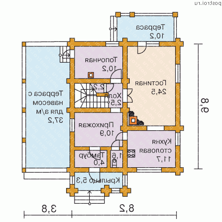 D-153-1D проект одноэтажного деревянного коттеджа из бревна с мансардой и гаражом размером 10 на 12 - 1-й этаж
