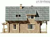 D-153-1D проект одноэтажного деревянного коттеджа из бревна с мансардой и гаражом размером 10 на 12 - вид слева