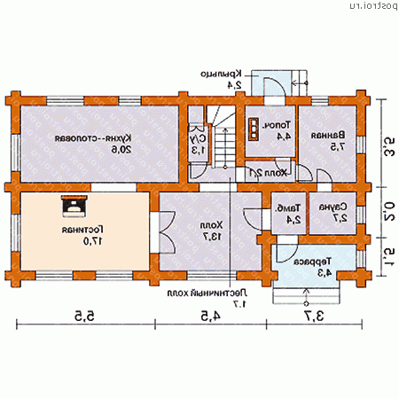 D-160-1D проект одноэтажного деревянного дома из бревна с мансардой размером 7 на 14  - 1-й этаж