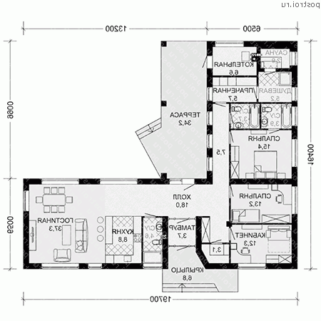 D-164-1P проект одноэтажного дома из пеноблоков размером 16 на 20  - 1-й этаж
