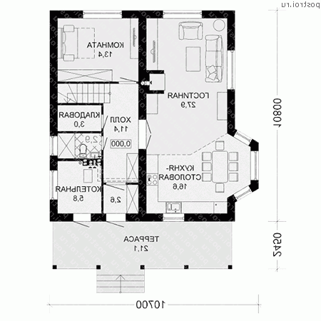D-165-2P проект одноэтажного дома из пеноблоков с мансардой размером 11 на 11 - 1-й этаж