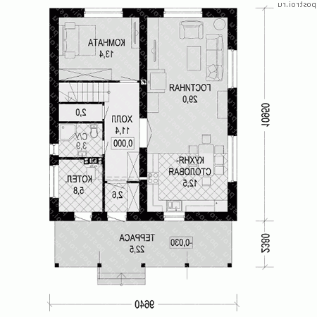 D-168-1P проект двухэтажного дома из пеноблоков размером 10 на 11 - 1-й этаж D-168-1P проект двухэтажного дома из пеноблоков размером 10 на 11 - 1-й этаж