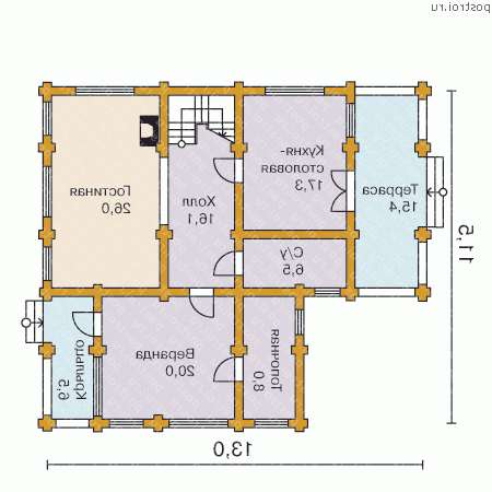 D-198-1D проект двухэтажного деревянного коттеджа из бревна размером 12 на 13  - 1-й этаж