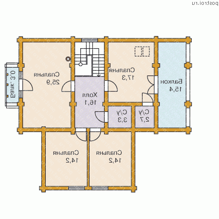 D-198-1D проект двухэтажного деревянного коттеджа из бревна размером 12 на 13  - 2-й этаж
