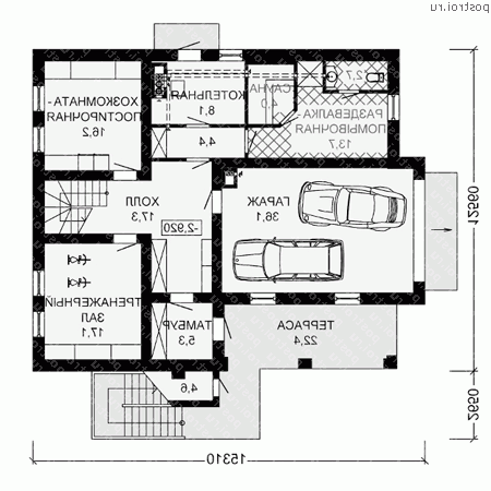 D-388-1D проект двухэтажного деревянного дома из бруса с цоколем и мансардой и гаражом размером 13 на 15 - цоколь