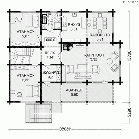 D-388-1D проект двухэтажного деревянного дома из бруса с цоколем и мансардой и гаражом размером 13 на 15 - 1-й этаж