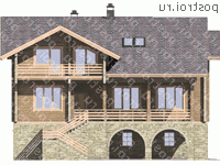 D-388-1D проект двухэтажного деревянного дома из бруса с цоколем и мансардой и гаражом размером 13 на 15 - вид спереди