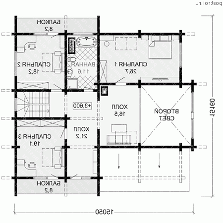 D-388-1D проект двухэтажного деревянного дома из бруса с цоколем и мансардой и гаражом размером 13 на 15 - мансарда