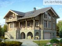 D-388-1D проект двухэтажного деревянного дома из бруса с цоколем и мансардой и гаражом размером 13 на 15