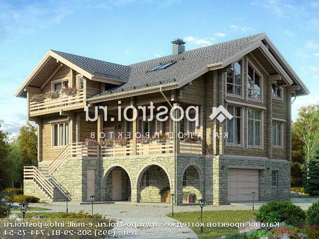 D-388-1D проект двухэтажного деревянного дома из бруса с цоколем и мансардой и гаражом размером 13 на 15