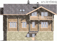 D-388-1D проект двухэтажного деревянного дома из бруса с цоколем и мансардой и гаражом размером 13 на 15 - вид сзади