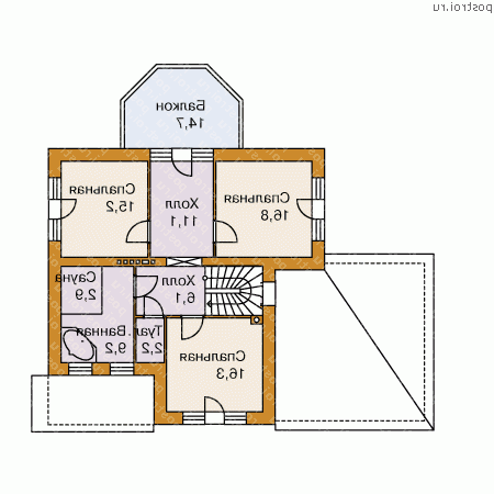 E-223-1P проект двухэтажного коттеджа из газобетона с гаражом размером 11 на 16  - 2-й этаж