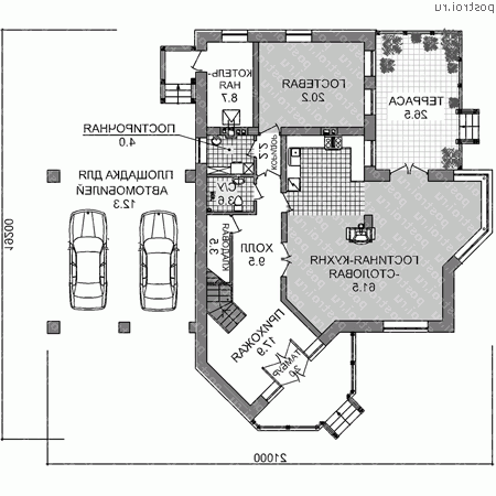 E-250-1P проект двухэтажного коттеджа из пеноблоков с гаражом размером 19 на 21  - 1-й этаж