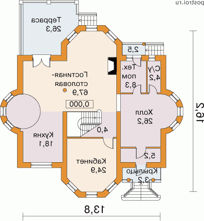 E-301-1P проект двухэтажного коттеджа из пенобетона размером 16 на 14  - 1-й этаж