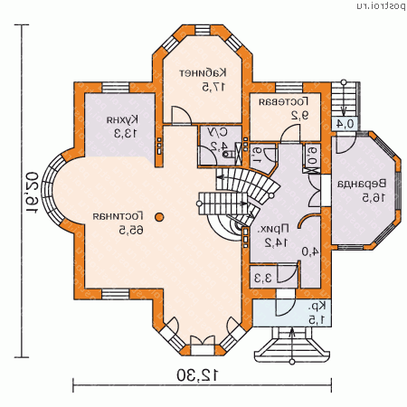 E-374-1K проект двухэтажного дома из кирпича с цоколем размером 16 на 16 - 1-й этаж