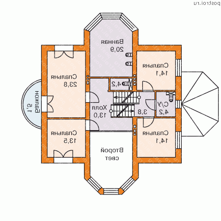 E-374-1K проект двухэтажного дома из кирпича с цоколем размером 16 на 16 - 2-й этаж