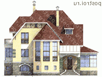 E-374-1K проект двухэтажного дома из кирпича с цоколем размером 16 на 16 - вид спереди