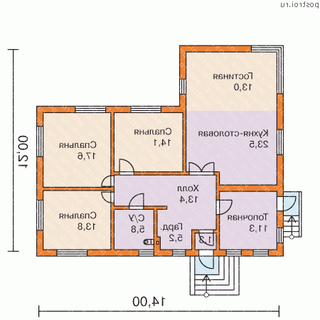 F-119-1P проект одноэтажного коттеджа из газобетона размером 12 на 14 - 1-й этаж F-119-1P проект одноэтажного коттеджа из газобетона размером 12 на 14 - 1-й этаж