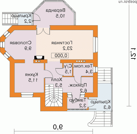 F-131-1P проект одноэтажного дома из газобетона с мансардой размером 12 на 9 - 1-й этаж