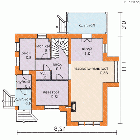 F-159-1P проект двухэтажного дома из пеноблоков размером 14 на 13  - 1-й этаж