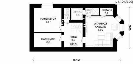 F-192-1K проект двухэтажного коттеджа из кирпича с цоколем размером 9 на 13 - цоколь