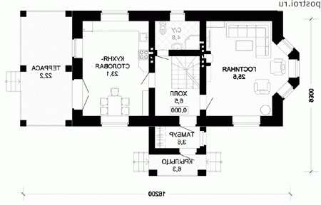 F-192-1K проект двухэтажного коттеджа из кирпича с цоколем размером 9 на 13 - 1-й этаж