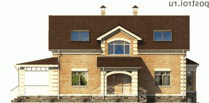 F-192-1K проект двухэтажного коттеджа из кирпича с цоколем размером 9 на 13 - вид спереди