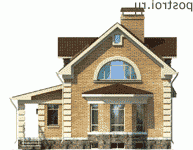 F-192-1K проект двухэтажного коттеджа из кирпича с цоколем размером 9 на 13 - вид слева