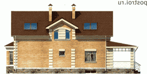 F-192-1K проект двухэтажного коттеджа из кирпича с цоколем размером 9 на 13 - вид сзади