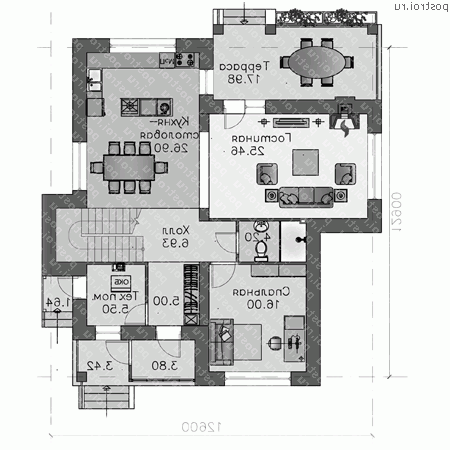 F-197-1P проект двухэтажного коттеджа из пенобетона размером 13 на 13  - 1-й этаж