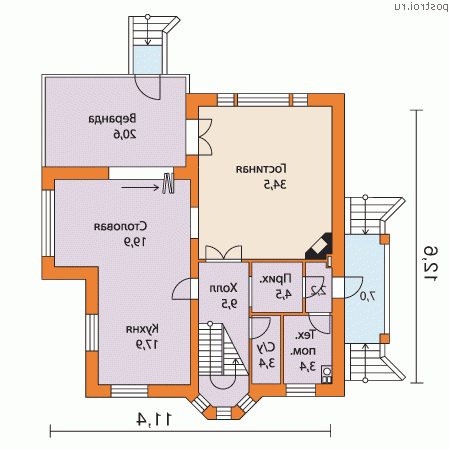 F-208-1K проект двухэтажного дома из кирпича размером 13 на 11 - 1-й этаж F-208-1K проект двухэтажного дома из кирпича размером 13 на 11 - 1-й этаж