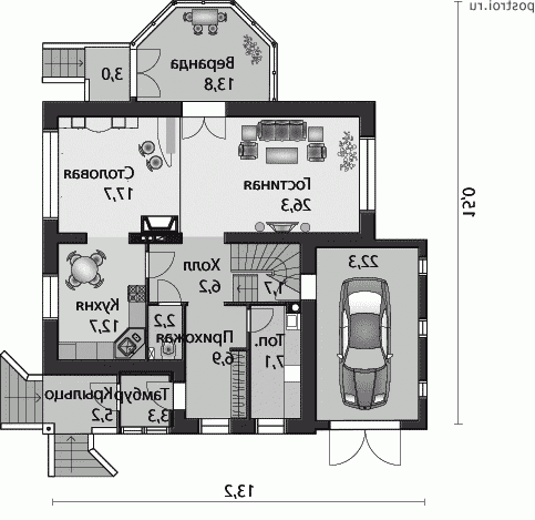 F-219-1P проект двухэтажного дома из пенобетона с гаражом размером 15 на 13 - 1-й этаж