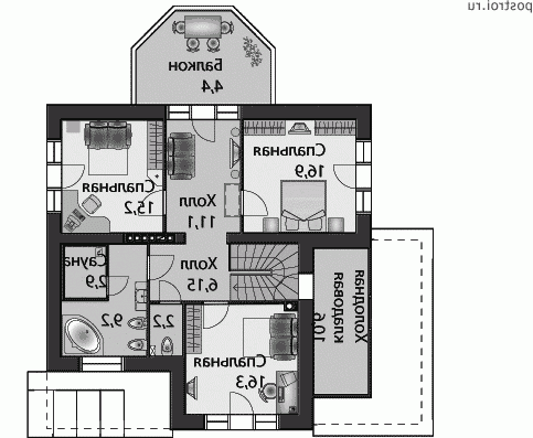 F-219-1P проект двухэтажного дома из пенобетона с гаражом размером 15 на 13 - 2-й этаж