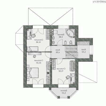 F-241-1P проект двухэтажного дома из газобетона с цоколем размером 14 на 11  - 2-й этаж