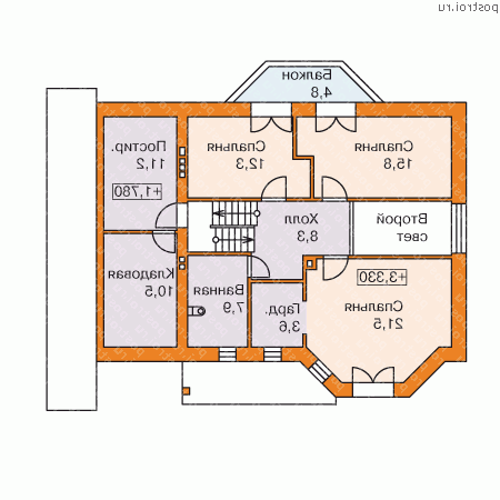 F-286-1P проект двухэтажного дома из пенобетона с цоколем и гаражом размером 11 на 14 - 2-й этаж F-286-1P проект двухэтажного дома из пенобетона с цоколем и гаражом размером 11 на 14 - 2-й этаж